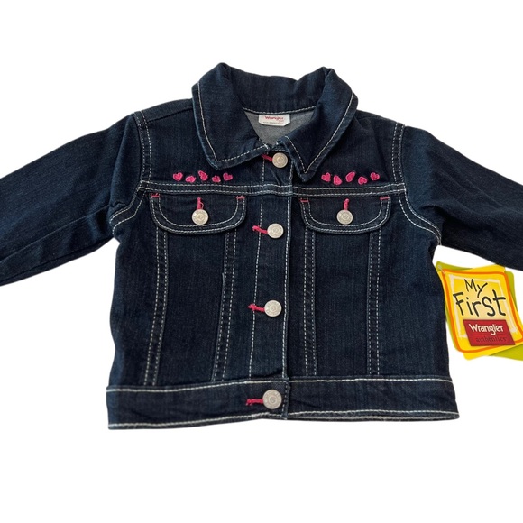 (NWT) Wrangler Kids Denim Jacket Dark Blue w/ Pink Details | Baby Girl 12 Months - Picture 1 of 7